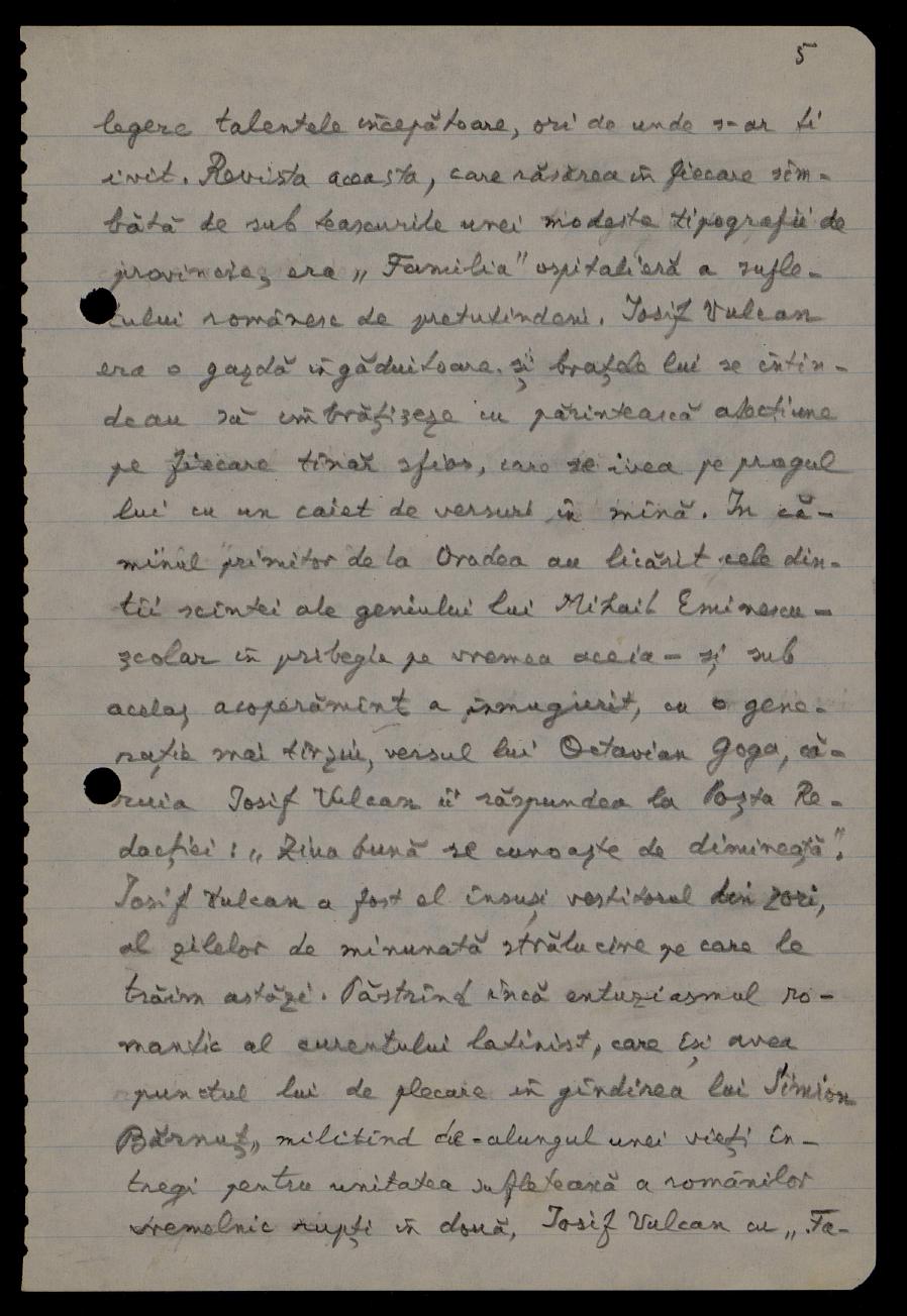 Manuscris autograf Alexandru Hodoș — „Centenarul revistei «Familia»”, 1965, pagina 5 (fragmentul despre Eminescu și Goga)